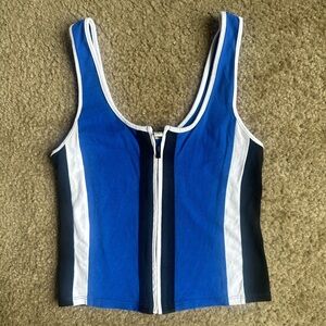 Express Blue and White Crop Top with Front Zipper